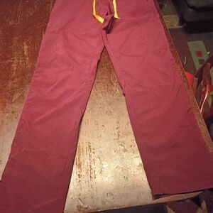 Wide Leg Women's Scrub Pants in Burgundy with Yellow Drawstring